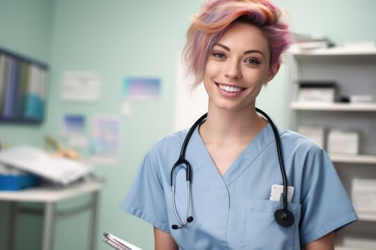 Portrait of young nurse with colored hair smiling at camera while working in clinic, generative AI