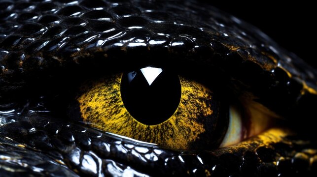 The close-up of the intense snake's eyes, with their orange color, AI generative