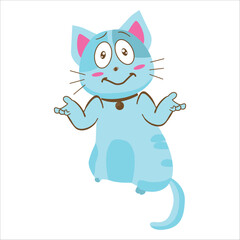 Flat vector illustration of a cute blue cat doing disinterested gesture on white background.