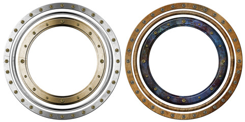 Group of metal portholes with bolts isolated on white or transparent background, 3d illustration. Png.