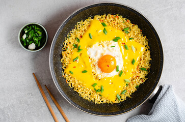 Kujirai Ramen, Shin Ramyeon or Ramyun with Egg, Melted Cheese and Scallion, Instant Noodles