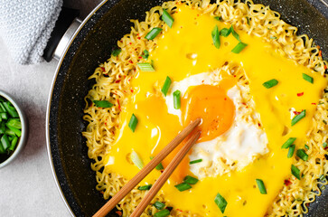 Kujirai Ramen, Shin Ramyeon or Ramyun with Egg, Melted Cheese and Scallion, Instant Noodles