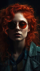 Bold Female Model Rocking Red Curly Hair and Trendy Sunglasses. Generative AI