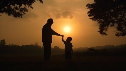 Fototapeta na wymiar Father And Little Son Holding Hands In Sunlight