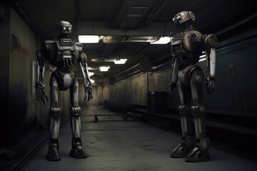 Fototapeta na wymiar Eerie underground encounter: Classic robots amidst brutalist architecture. Generative AI