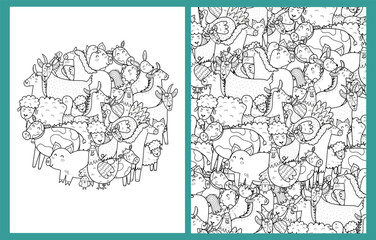 Cute farm animals coloring pages set. Doodle background with hen, cow, pig, sheep and other farm characters for coloring book in US Letter format. Vector illustration