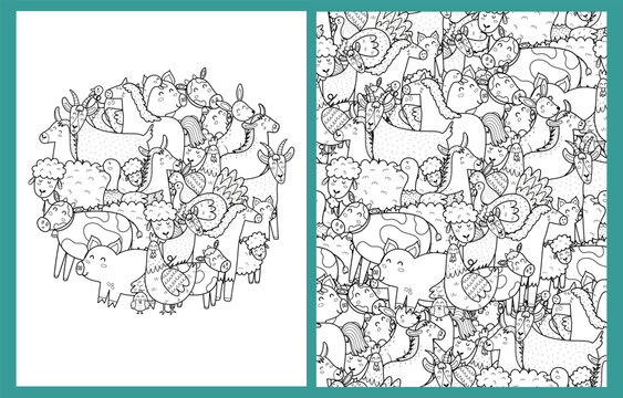 Cute farm animals coloring pages set. Doodle background with hen, cow, pig, sheep and other farm characters for coloring book in US Letter format. Vector illustration