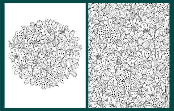 Coloring pages set with hand drawn flowers in zentangle style. Doodle floral templates for coloring book in US Letter format. Collection with black and white backgrounds. Vector illustration