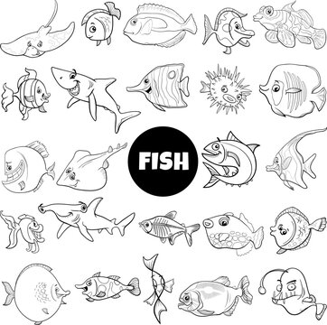 cartoon fish marine animal characters set coloring page
