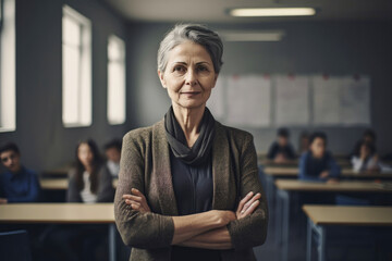 Fototapeta premium Inspirational Female Teacher Teaching in a Vibrant Classroom. Generative AI