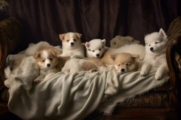 Litter of Puppies in Bed Image. Generative AI