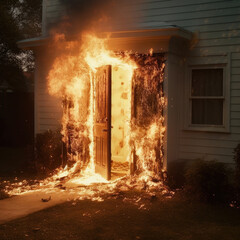 Burning entrance door of a house, Generative AI