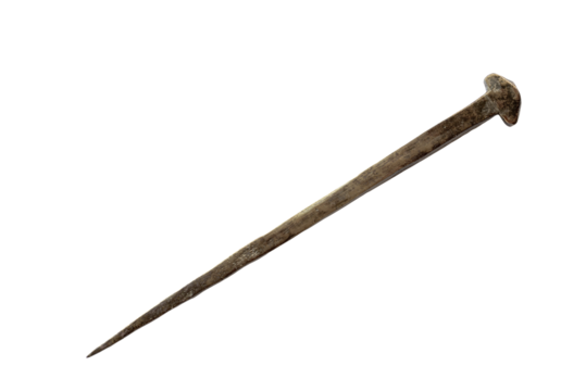 Long antique hand forged nail isolated on white background