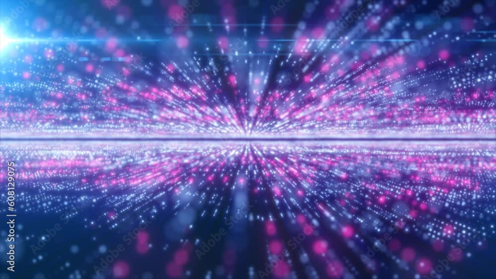 Poster abstract purple energy hi-tech lines and digital particles fly in a tunnel with bokeh effect glowing