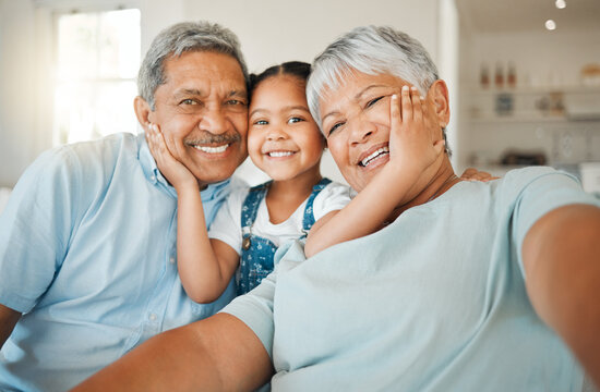 Selfie, Love And Grandparents With A Girl, Family Or Home With Happiness, Loving Or Relax. Portrait, Old Woman Or Elderly Man With Female Grandchild, Smile Or Bonding With Joy, Retirement Or Vacation