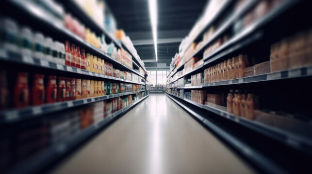 Blurred Background of Supermarket Aisle and Shelves. Generative AI