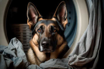 Shepherd dog looking into the drum of washing machine. Pet and laundering. Generative AI