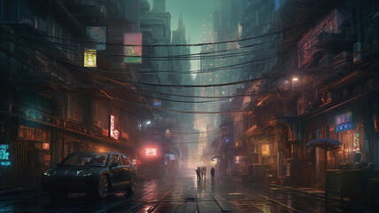 Digital painting of a street in a foggy city at night.AI Generate