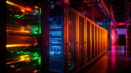 Row of network servers with glowing LED lights.