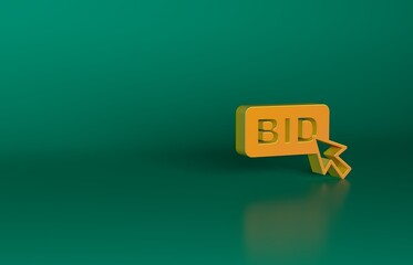 Orange Bid icon isolated on green background. Auction bidding. Sale and buyers. Minimalism concept. 3D render illustration