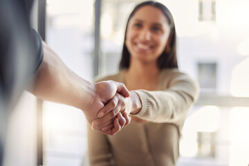 Handshake, partnership and agreement with a business woman and colleague in an office for a...