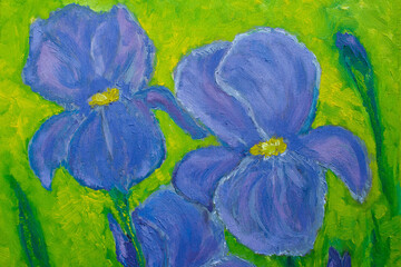 oil painting with blue flowers irises, floral still life