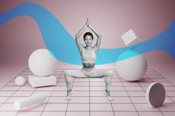 Photo collage artwork picture of lady enjoying yoga asanas 3d figures isolated creative background