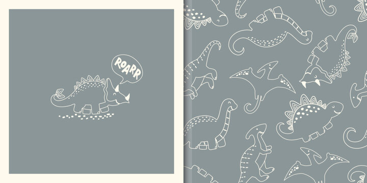 Hand drawn seamless pattern with Cute dinos in simple outline sketchy style. Doodle characters Animals Background. Cute Cartoon Dinosaurs, volcano, and plants. Vector illustration © LindaAyu