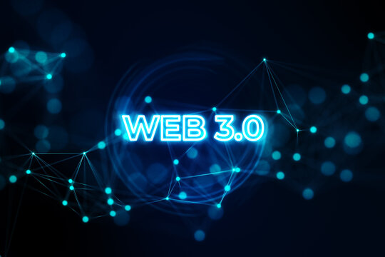 Future of the internet and virtual communication concept with blue web 3.0 sign and abstract technological hologram on dark background, 3D Rendering
