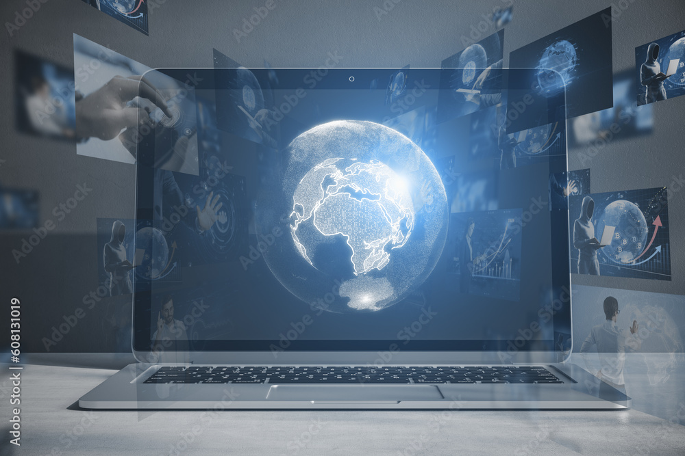 Aufkleber Close up of workplace with laptop computer and glowing digital globe hologram on blurry background. Digital world, global hacking protection and hud concept. Double exposure.