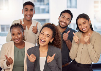 Portrait, support or thumbs up with a business team celebrating an achievement of a woman leader in...
