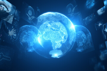 Fototapeta na wymiar Creative glowing digital blue globe hologram on dark wallpaper. Digital world, global hacking protection and hud concept. 3D Rendering.