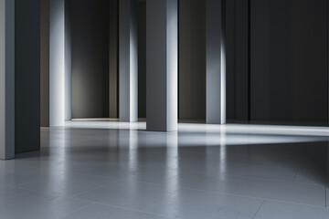 Advertising and marketing concept with lighting empty glossy ceramic tiles floor for product presentation in abstract hall area with grey pillars on dark wall background. 3D rendering, mock up