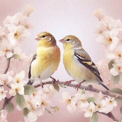 Fototapeta premium Pair of yellow birds in spring nature. Pastel color style in pink tones - Generative AI