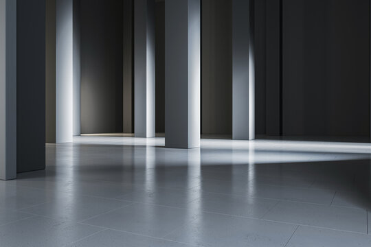 Advertising and marketing concept with lighting empty glossy ceramic tiles floor for product presentation in abstract hall area with grey pillars on dark wall background. 3D rendering, mock up