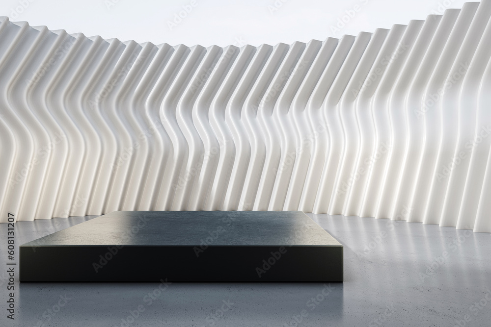Poster empty open air presentation podium with sunlight between light wall and concrete grey floor and blue