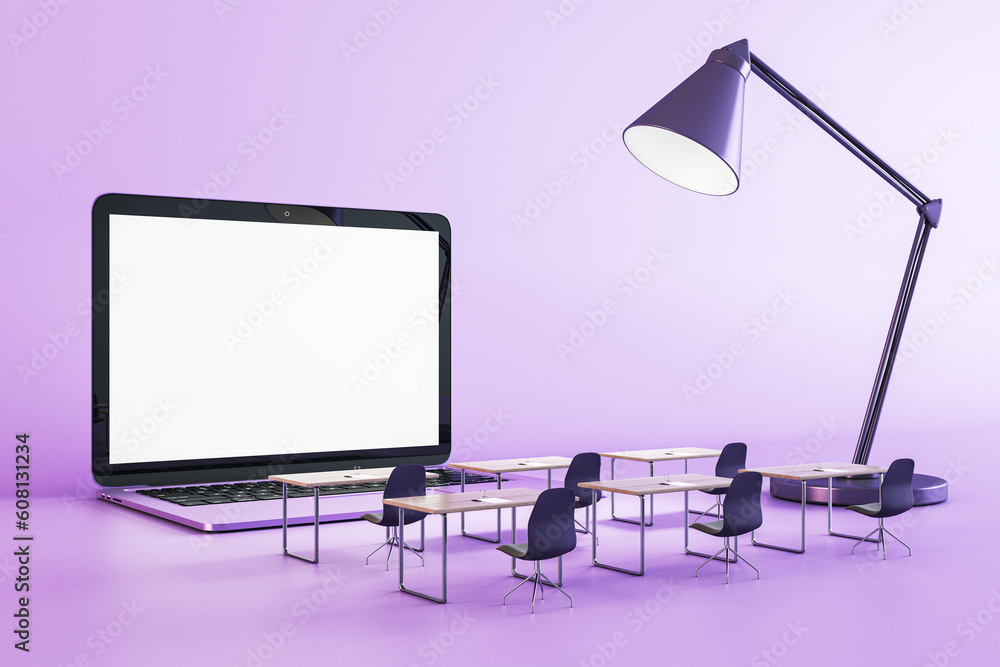 Poster creative classroom with empty white laptop chalkboard on purple background with lamp. online educati