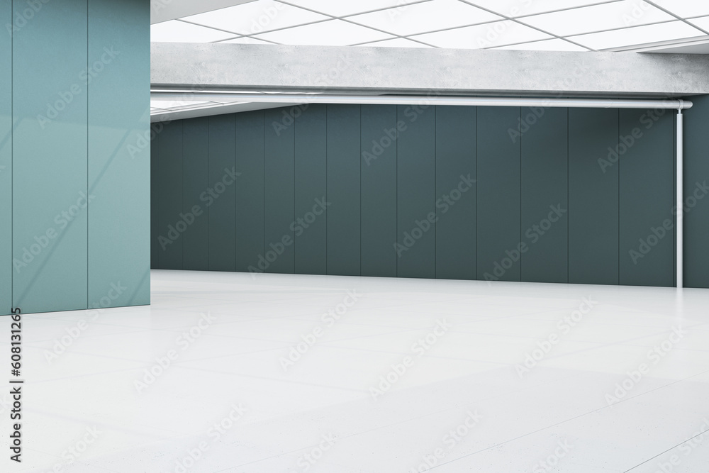 Poster contemporary spacious empty tile interior with mock up place and glass ceiling. 3d rendering.