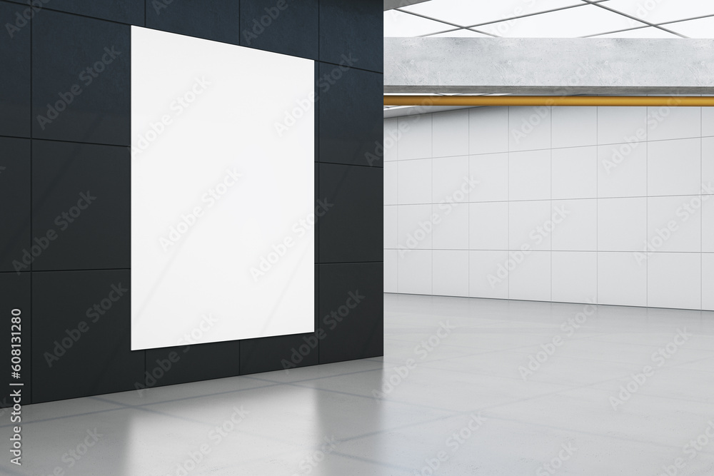 Aufkleber Modern spacious empty tile interior with empty white mock up banner on wall. 3D Rendering.