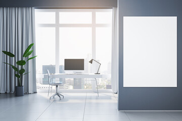 Modern home office interior with empty white mock up poster on wall, furniture, equipment, panoramic window with city view, curtains and concrete flooring. 3D Rendering.