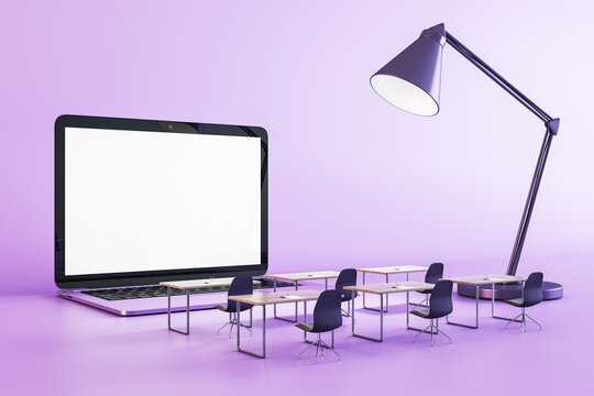 Creative classroom with empty white laptop chalkboard on purple background with lamp. Online education and webinar concept. 3D Rendering.