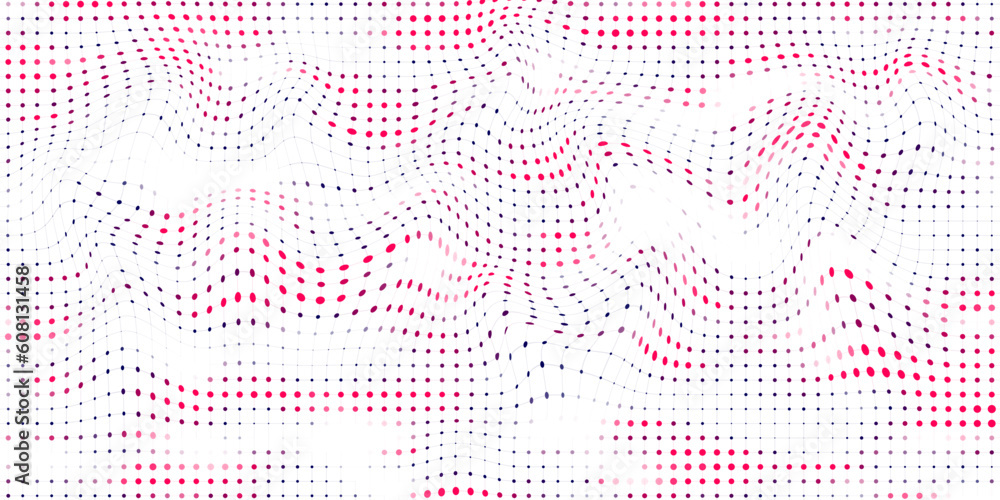 Poster flow of colorful shimmering particles on white background. gradient of dynamic halftone sound wave. 