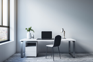Modern simple office interior with furniture, equipment, decorative items and window with city view. 3D Rendering.