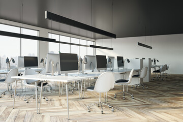 Fototapeta na wymiar Clean coworking office interior with furniture, equipment and panoramic window with city view and daylight. 3D Rendering.