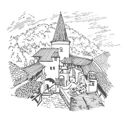 Travel sketch illustration of Bran Castle in Transylvania, Romania. Commonly known as Dracula's Castle. Urban sketch in black color on white background. A hand-drawn old building, a pen on paper.