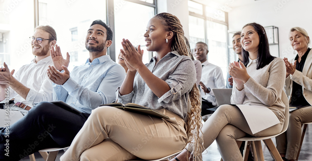 Aufkleber support, achievement and applause with business people in a crowd during a training or coaching semi