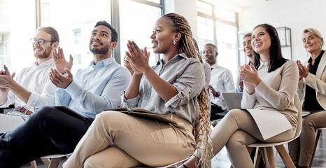 Support, achievement and applause with business people in a crowd during a training or coaching...