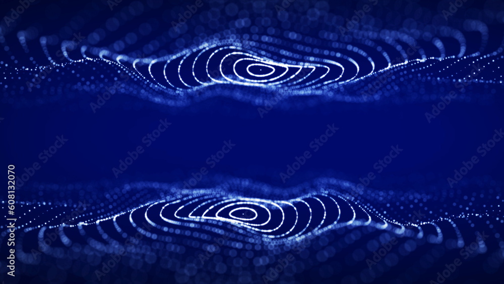 Poster 3d digital double circular dynamic wave on blue background. technology smart wave. futuristic flow o