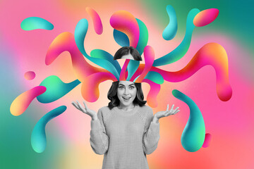 Magazine 3d picture sketch collage image of smiling excited lady head imagination explosion isolated colorful background