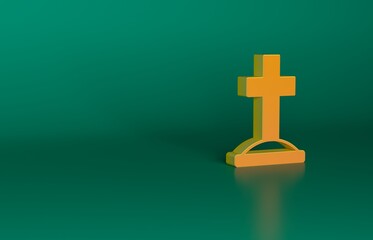 Orange Grave with cross icon isolated on green background. Minimalism concept. 3D render illustration